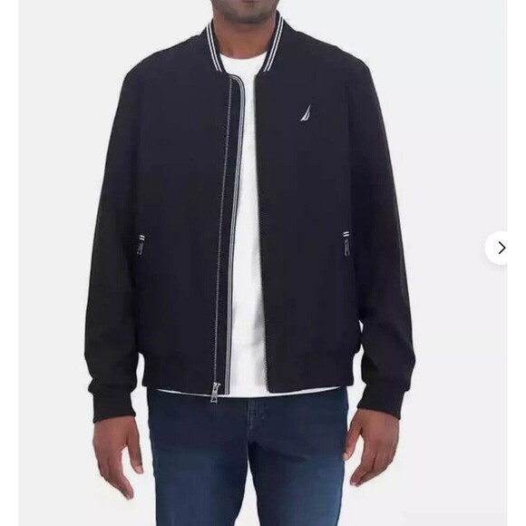 Nautica Men’s M Bomber Jacket Wind Water Resistant Active Stretch Black Zip NWT - Picture 1 of 8